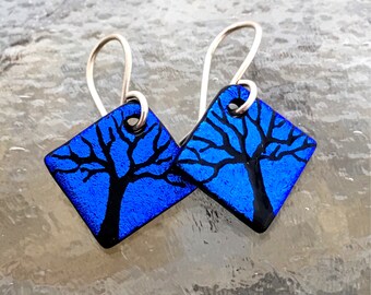 Small Tree Dichroic Glass Earrings Handetched Blue