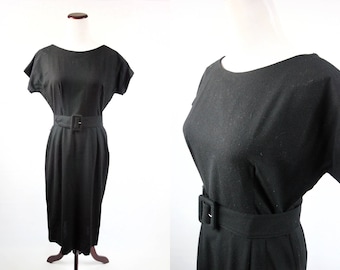 1950's Black Wool 'Carole King' Short-sleeve Belted Dress
