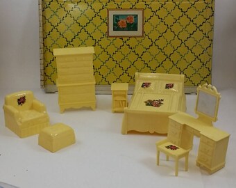 Vintage Dollhouse Furniture -- Marx Bedroom Furniture, Yellow with Decals -- Bed, Nightstand, Chair & Ottoman, Dresser, Vanity with Bench
