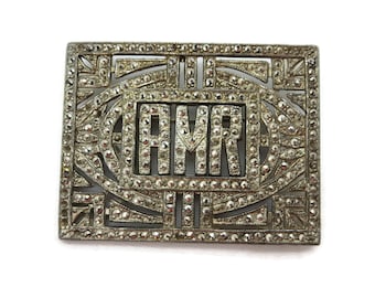 Art Deco Jewelry - Marcasite Silver Initial Brooch Monogram AMR