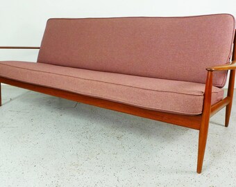 Grete Jalk France & Sons mid century Danish modern teak framed maroon tweed reupholstered sofa FREE SHIPPING