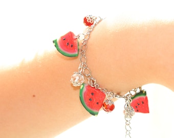 Watermelon Polymer Clay bracelet with red white crystal beads Summer jewelry gift for women charm bracelet science miniatures charm bracelet