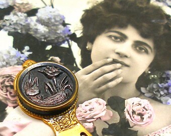 Water Lily BUTTON bookmark, Victorian lake plants on gold. Unique present, gift, stocking stuffer.