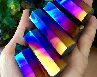 Flame Aura Quartz Crystal Points, Titanium Aura Quartz Crystals, Blue Rainbow Aura Quartz Points