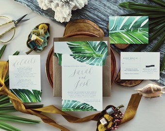 JARAUX SUITE // Tropical Wedding Invitation, Banana Leaf, Tropical Invitation, Beach Wedding, Watercolor, Palm Leaf, Desintation Invitation