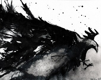 Crow art- Ink on 8x12in canvas, A4, 20x30cm - abstract flying crow