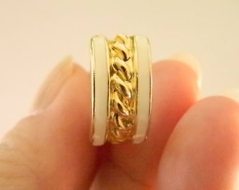 Gold Tone Rope Center White Enamel Clip Earrings