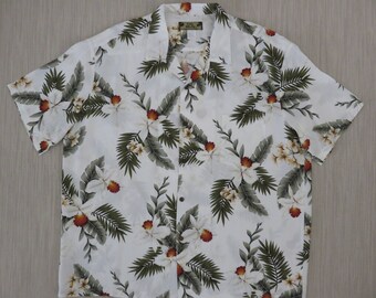 Hawaiian Shirt TWO PALMS Vintage Aloha Shirt White Orchid Surfer Resort Casual Wear Beach Party Mens - 2XL - Oahu Lew's Shirt Shack