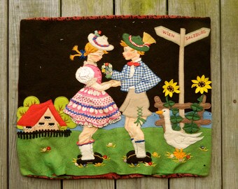 Austrian Wool Felt Applique Pillow Cover Boy Girl Goose Cottage Sunflowers
