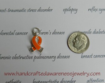 Orange Ribbon Charm, CRPS, RSD, MS, Leukemia, chronic obstructive pulmonary disease, Awareness, sterling silver plated
