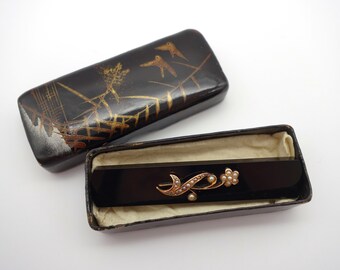 14k Victorian mourning brooch in original box! seed pearl brooch, french jet brooch, 14k rose gold, mourning pin, bar brooch, flower brooch