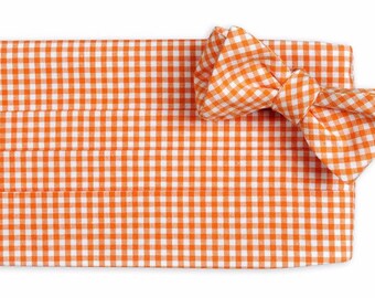 Orange Gingham Cummerbund Set - Self Tie Bow Tie and Adjustable Cummerbund Set - Orange Wedding Cummerbund Set