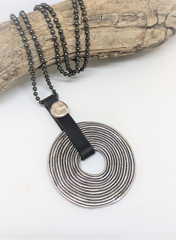 Spiral Necklace, Circle of Life Necklace, Good Luck Pendant, Statement Pendant, Round Tribal Necklace, Large Leather Necklace