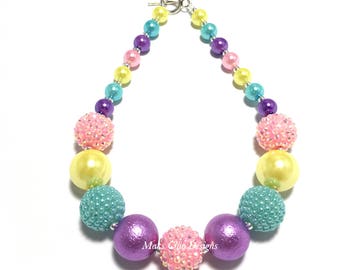 Toddler or Girls Spring Rainbow Chunky Necklace - Purple, Yellow, Pink, Turquoise Chunky Necklace - Easter Necklace - Unicorn Necklace