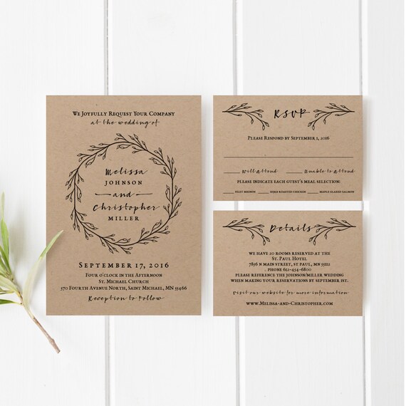 Printable Wedding Invitation Template Set Kraft Wedding