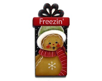 Ginger Present Ornament or Fridge Magnet, Handpainted Wood, Gingerbread Ornament Refrigerator Magnet, Hand Painted Ginger Ornament, Tole