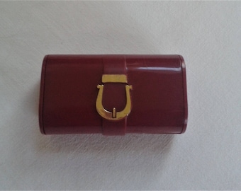 lipstick holder, plastic lipstick case and mirror, burgundy lipstick compact, made in Hong Kong