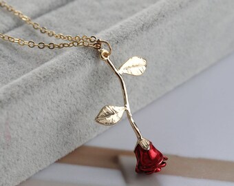 Beauty and Beast Rose Necklace, Red Rose Flower Necklace , Rose Monogram Necklace , Rose Initial Necklace , Flower Necklace,Rose Gold Plated