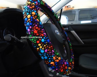 Bright Dots Steering Wheel Cover Carnivale Style Colors On Black Fabric Neon Car Accessories
