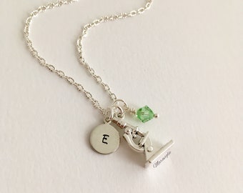 Microscope Necklace, Microscope Jewelry, Initial Necklace, Personalized Biology Jewelry, Science Jewelry, Graduation Gift,