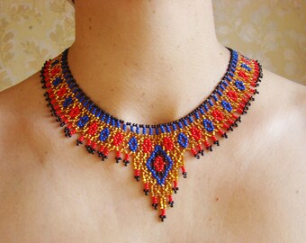 Egyptian necklace Egyptian jewelry Beadwork jewelry Beaded jewelry Gift for her Unique gift Gold red blue necklace statement necklace