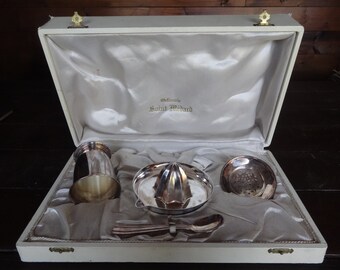 Vintage French Saint Medard Silver Plate Christening Baptism Set squeezer juicer press presser orange spoon cup circa 1950's / English Shop