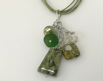 Handmade Rhyolite Cluster/Pendant With Iridescent Crystal, Sea Glass, Pearl