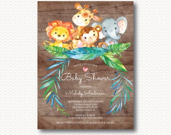 Safari Baby Shower Invitation, Jungle, Wood, Rustic, Giraffe, Baby Shower, Elephant, Monkey, Lion, Neutral, Unique, Digital, Printable, Boys