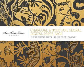 Charcoal and Gold Foil Floral Digital Scrapbook Paper for Instant Digital Download