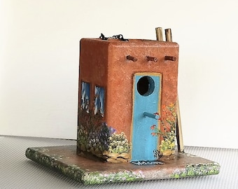 Unique Old Pueblo Birdhouse , Handcrafted , Hand Painted , Comes with Ladder