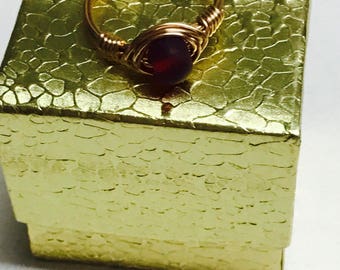 Garnet Red Sea Glass Gold Wire Wrapped Ring