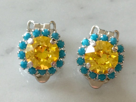 Light Topaz & Turquoise Crystal Clip On Earrings, Silver