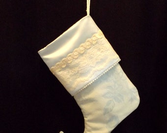 Free shipping on this fancy baby blue satin and lace Christmas holiday stocking