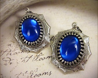 Sapphire Blue Renaissance Earrings, Antiqued Jewel Earrings, Tudor Earrings, Renaissance Wedding, SCA Jewelry, Medieval, MedCol