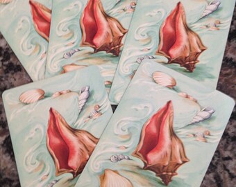 Five Gorgeous Vintage Aqua Conch Sea Shell Playing Cards