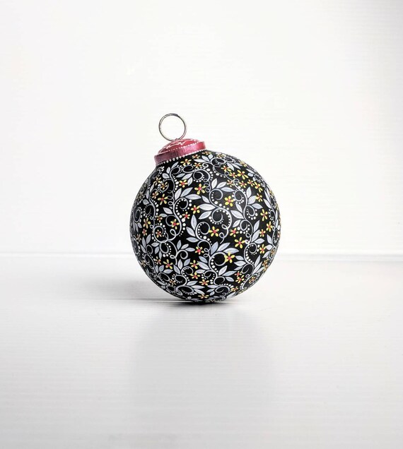 Flowers Hand painted glass ornament artsy ornament black white and yellow Christmas ornament