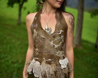 Nuno Felted Fairy Top-Fairy Costume-Silk Top-Nuno Felted Silk Shirt-Woodland Costume-Festival Wear-Burning Man-Vintage Doily-Halter Top OOAK
