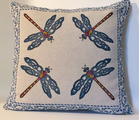 Dragonfly Farm house linen pillow | Block printed Decorative Pillow Cover | 18 inches Pillow Cover | Linen cushion | Dragonfly home decor