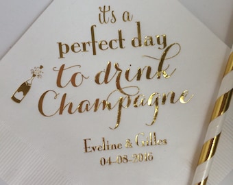 Personalized Napkins Shower Engagement Wedding Custom Monogram Luncheon also Available! It's a Perfect Day to Drink Champagne Printed