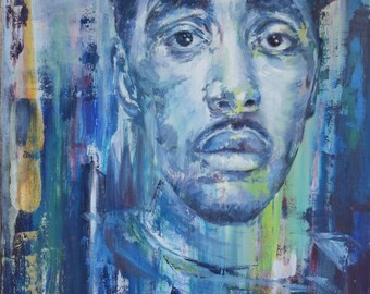 Expressive portrait painting. Blue. Contemporary oil painting.