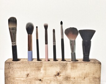 Cosmetic Makeup Organizer - Rustic Wood Countertop Organizer Brush Holder