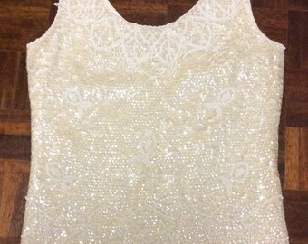 1960s ivory beaded and sequinned top M