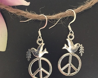 Silver Peace Dove Earrings Silver Dove Earrings Olive Branch Peace Sign Jewelry Silver Dove Silver Peace Sign Charm Peace Sign Jewelry
