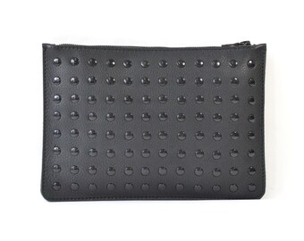 Coralie - Handmade Black Studded Leather Clutch Bag Zip Pouch Purse SS17