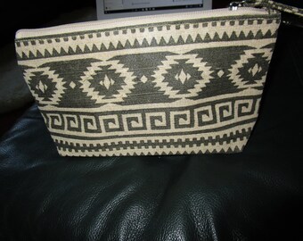 Dark Gray & Beige Southwestern Design Zippered Makeup/Travel Bag/Clutch