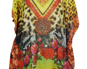 Yellow Floral Kaftan Dress DIGITAL Beautiful Printed Kimono Sleeves Summer Comfy Beach Cover Up Short Semi Sheer Caftan Onesize