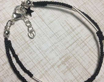 Delicate Matte Black Seed Bead Bracelet with Silver Tube Accents