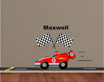Red Race Car Wall Decal | Race Car Sticker | Race Car Driver Decal | Nursery Wall Decal Art | Checkered Flag Racing Decal - HD