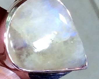 Size 8 Sterling Silver Ring. Rainbow Moonstone or Aquamarine. free US ship.