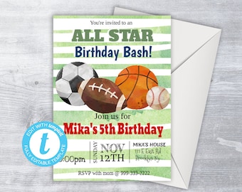 SPORTS Invitation, Sport Party, Sport Party Invitation, birthday invitation, personalized invitation, football invitation, sports birthday,